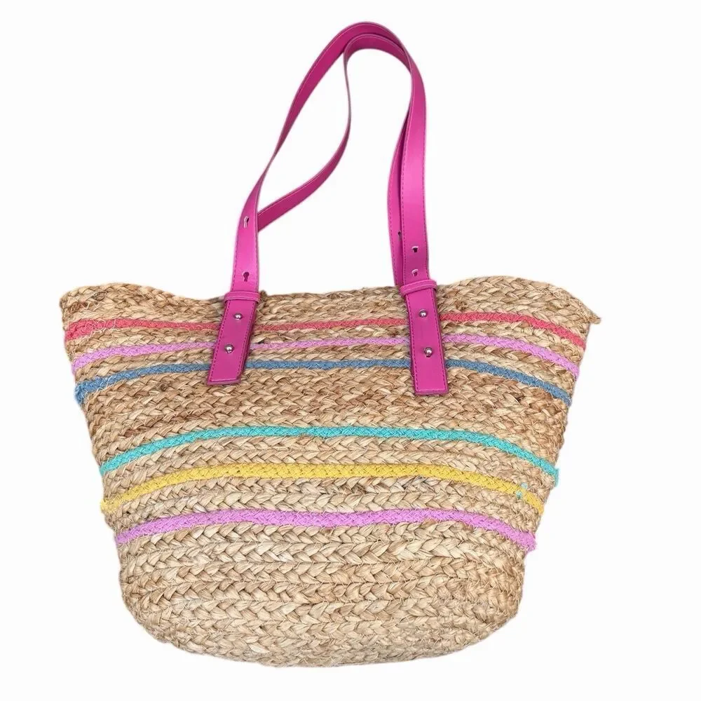 Time & Tru Natural Jute Straw Braided Striped Pink Pocket Tote/Shoulder Bag